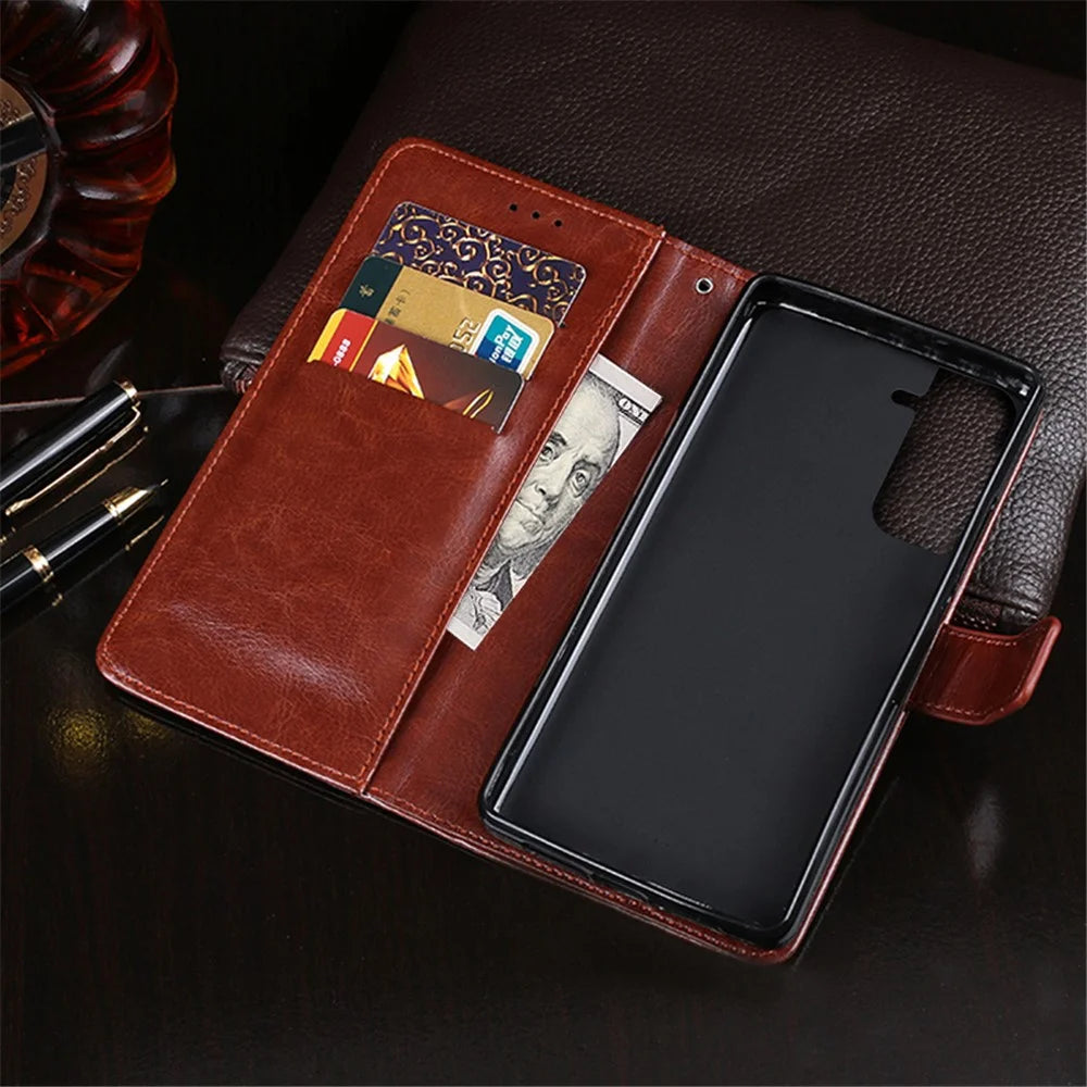 IDEWEI for Samsung Galaxy S21 FE 5G Shockproof Crazy Horse Texture Protective Cover PU Leather + TPU Stand Wallet Phone Case - Brown - 6