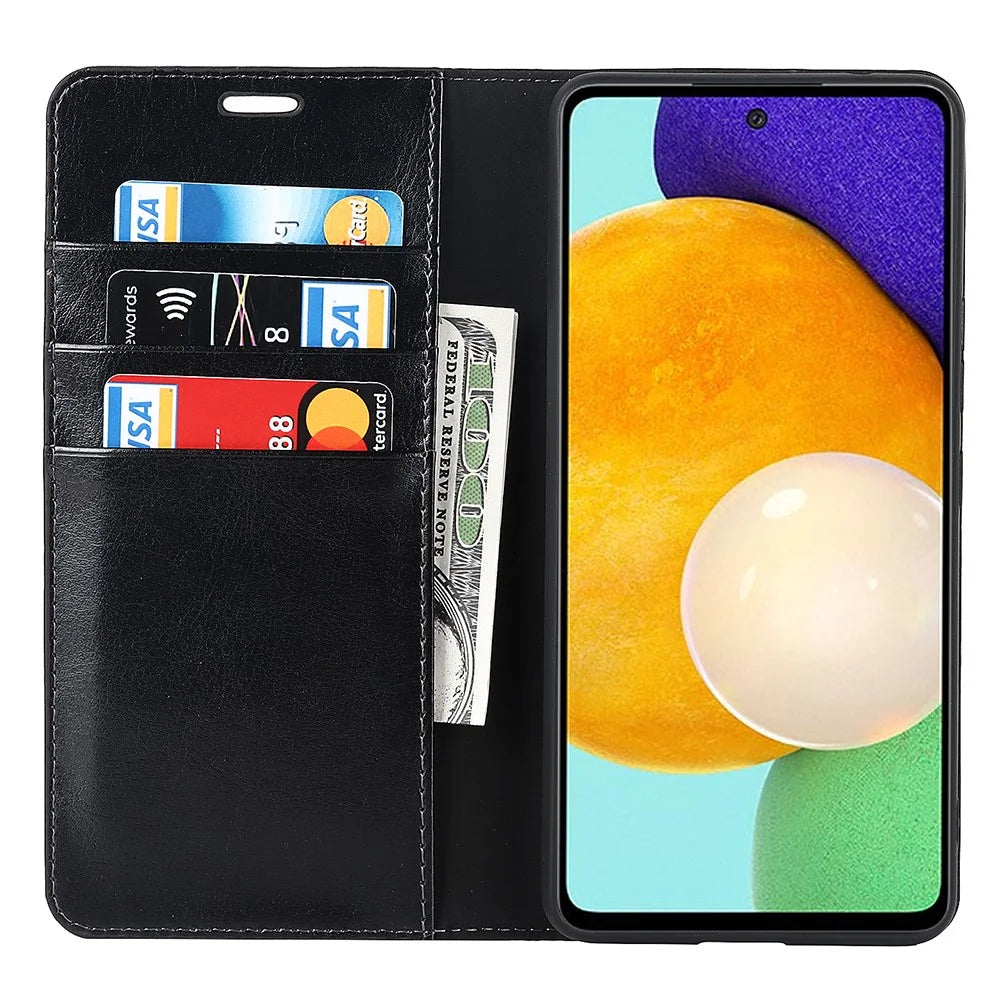 For Samsung Galaxy A33 5G Magnetic Auto Closing Crazy Horse Texture Genuine Leather Cover Drop-proof Protection Stand Flip Wallet Case - Black - 4
