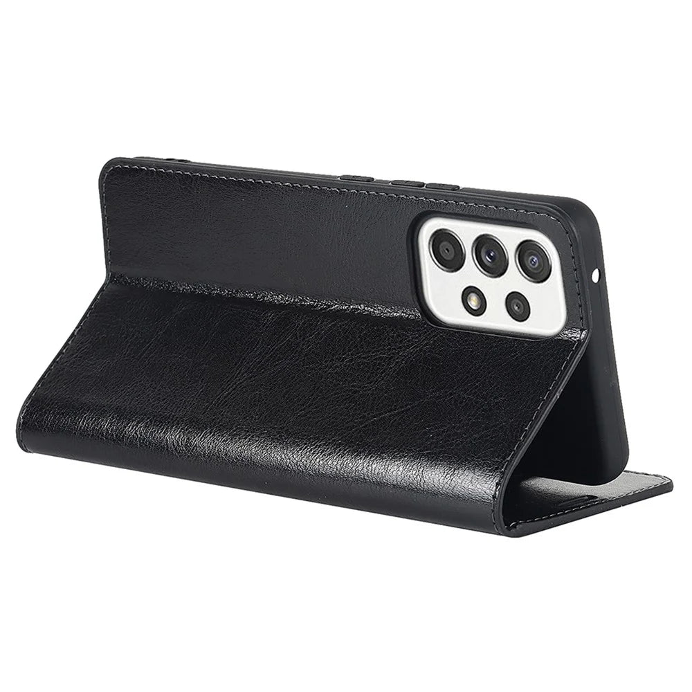 For Samsung Galaxy A33 5G Magnetic Auto Closing Crazy Horse Texture Genuine Leather Cover Drop-proof Protection Stand Flip Wallet Case - Black - 6