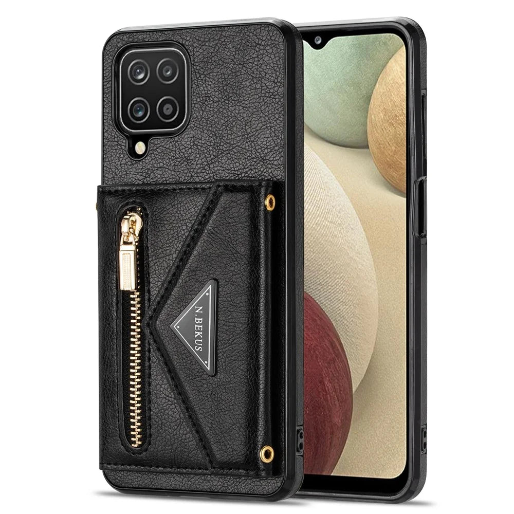 N.BEKUS PU Leather + TPU Phone Case for Samsung Galaxy A12, Zipper Card Holder Kickstand Cover with Long Strap - Black - 2