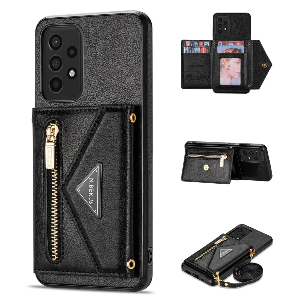 N.BEKUS Phone Case for Samsung Galaxy A52 4G/5G / A52s 5G, PU Leather + TPU Card Slots Holder Kickstand Cover with Strap - Black - 1