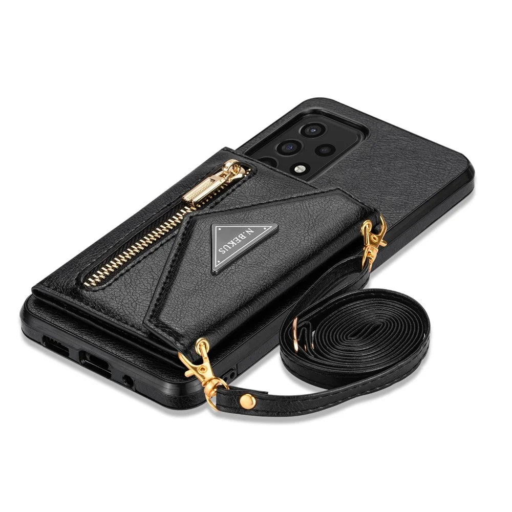 N.BEKUS Phone Case for Samsung Galaxy A52 4G/5G / A52s 5G, PU Leather + TPU Card Slots Holder Kickstand Cover with Strap - Black - 6