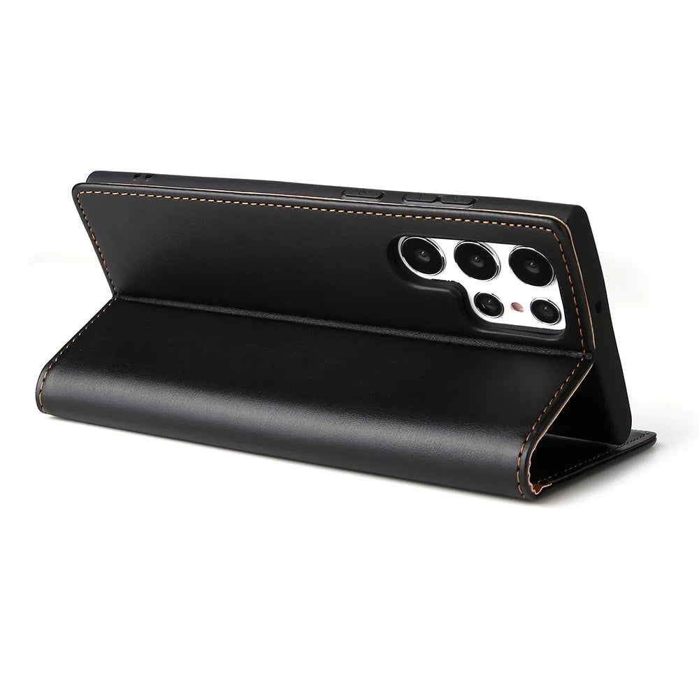 FIERRE SHANN For Samsung Galaxy S22 Ultra 5G PU Leather Wallet Stand Folio Flip Phone Case Magnetic Auto Closing Cover - Black - 6