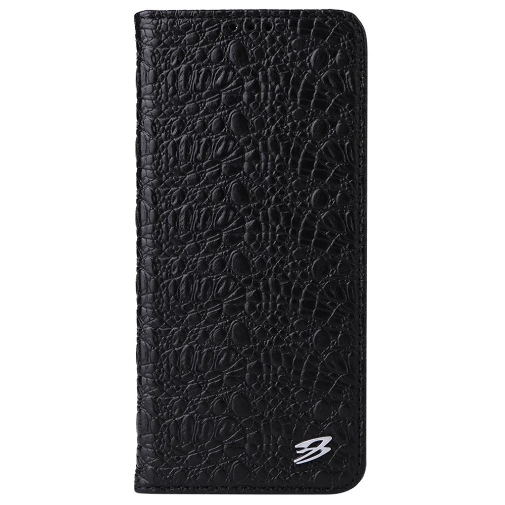 FIERRE SHANN for Samsung Galaxy S22 5G Top Layer Cowhide Leather Crocodile Texture Wallet Stand Magnetic Phone Case - Black - 2