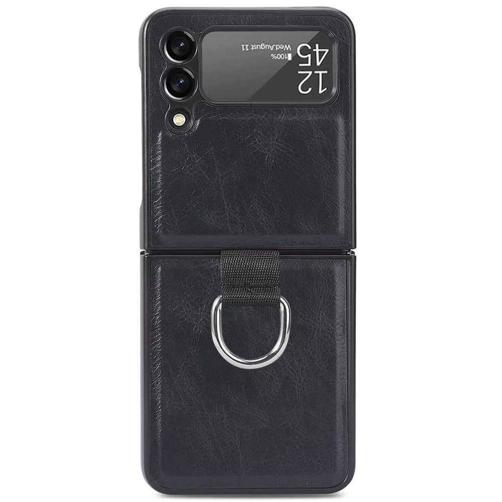 For Samsung Galaxy Z Flip3 5G PU Leather Coated Hard PC Folding Phone Case with Ring Holder - Black - 2