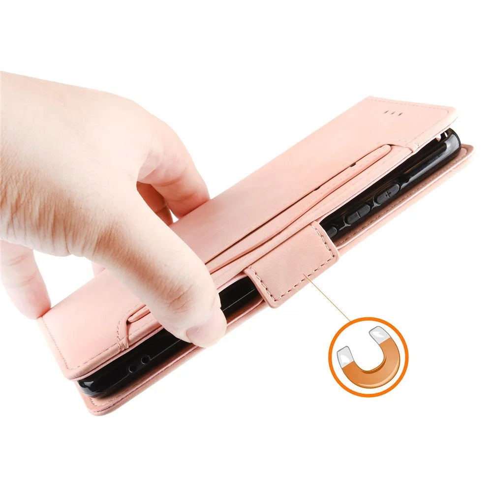 For Samsung Galaxy S22 5G Multi-card Slots PU Leather + TPU Double Magnetic Clasps Stand Phone Case Protector with Wallet - Pink - 7