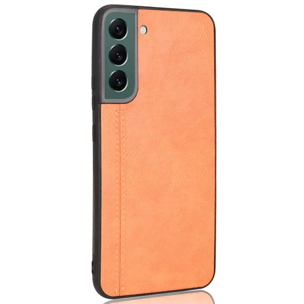 For Samsung Galaxy S22 5G Back Cover PU Leather Coated Hard PC + Soft TPU Business Stitching Case - Yellow - 2