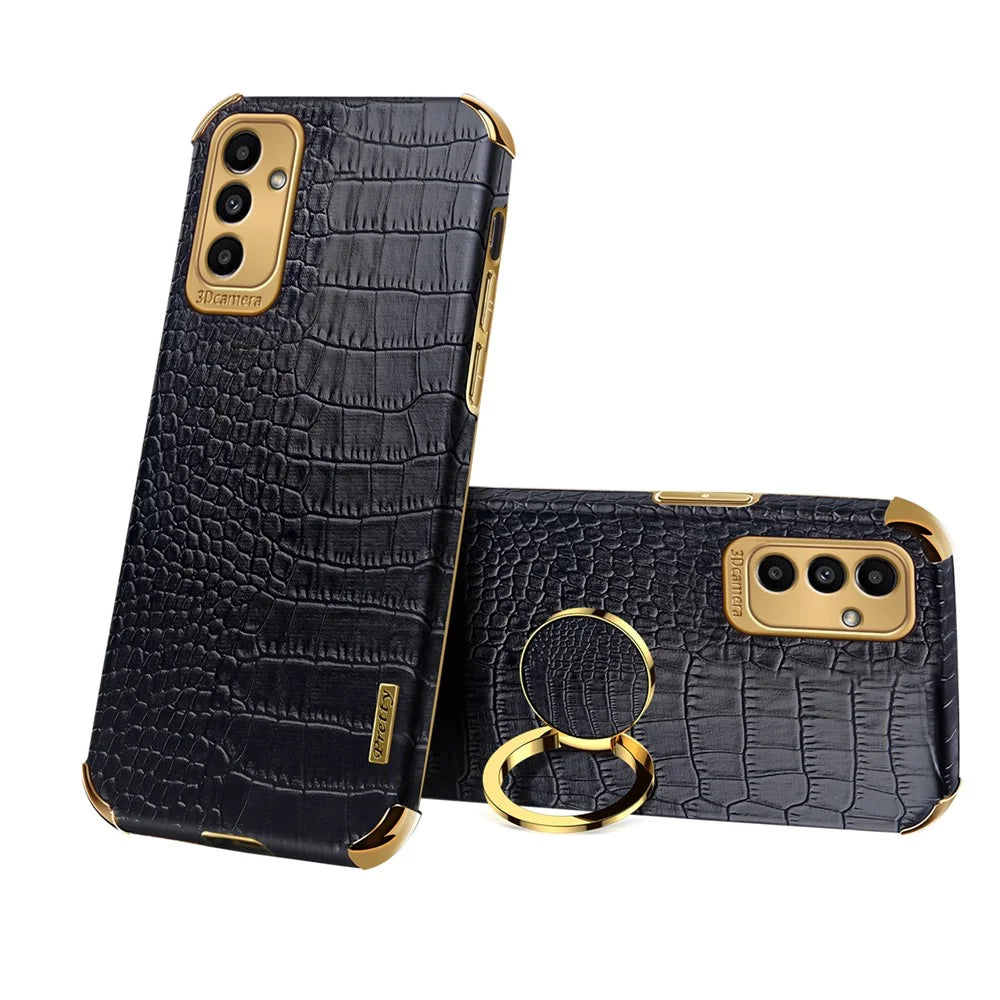 6D Electroplated Crocodile Texture Phone Case for Samsung Galaxy A13 5G / A04s 4G (164.7mm), Ring Kickstand PU Leather Coated TPU Cover - Black - 1