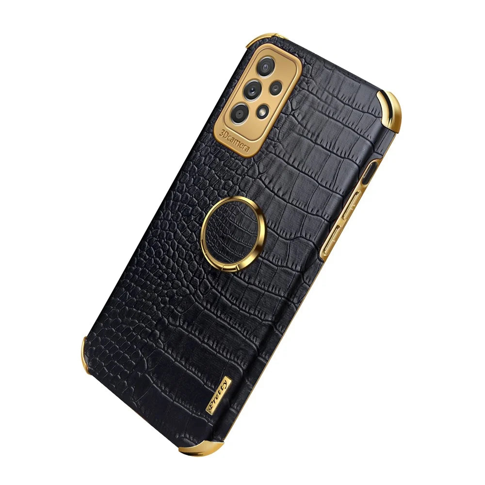 For Samsung Galaxy A73 5G 6D Electroplated Crocodile Texture Case Rotating Finger Ring Kickstand Leather Coated TPU Phone Shell Case - White - 4