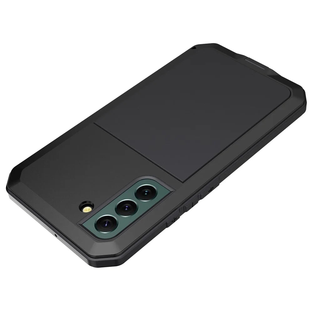 Silicone Metal Hybrid Phone Case for Samsung Galaxy S21 FE 5G/S21 Fan Edition, Tempered Glass Anti-Dust Plug Design Phone Accessory - Black - 7