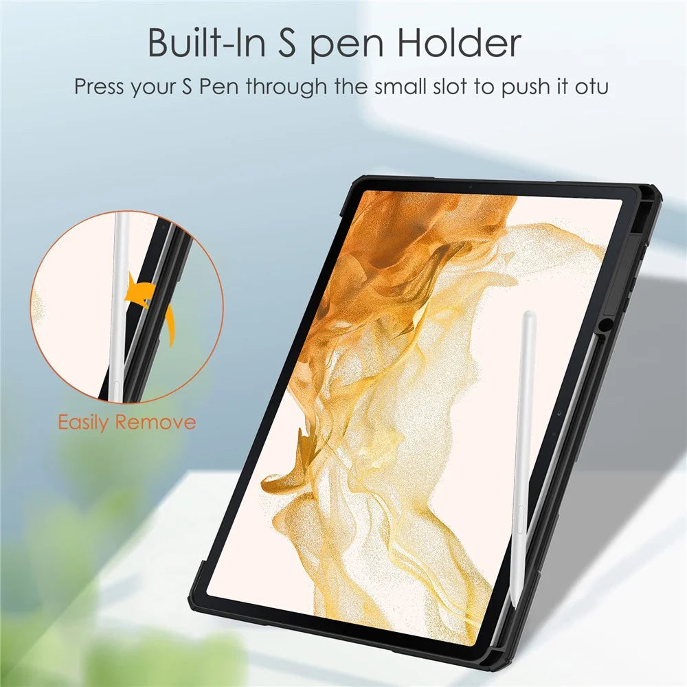 For Samsung Galaxy Tab S8+ Tri-fold Stand PU Leather Tablet Case TPU + Transparent Acrylic Back Cover with Pen Slot - Black - 2