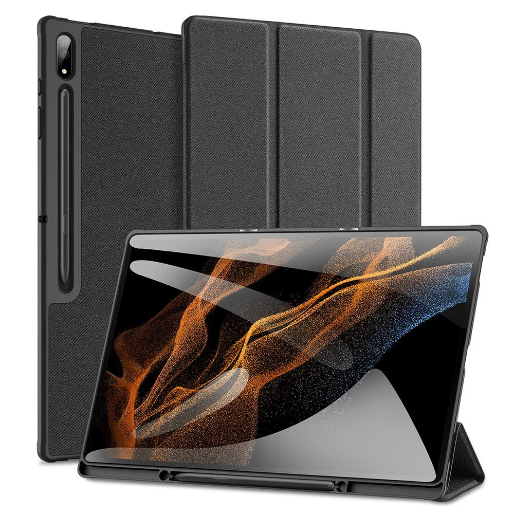 DUX DUCIS DOMO Series Trifold Stand Cover for Samsung Galaxy Tab S8 Ultra, Auto Sleep/Wake PU Leather Anti-scratch Case with Pencil Holder - Black - 1