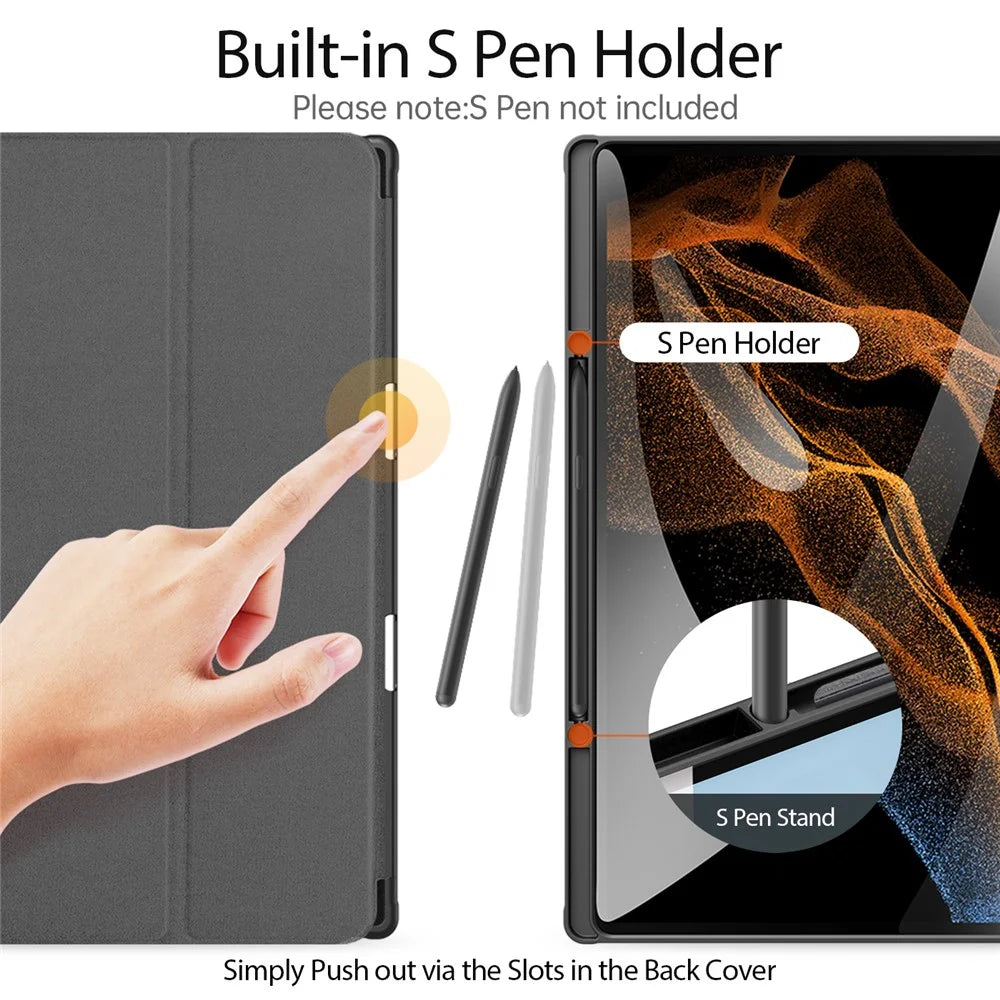 DUX DUCIS DOMO Series Trifold Stand Cover for Samsung Galaxy Tab S8 Ultra, Auto Sleep/Wake PU Leather Anti-scratch Case with Pencil Holder - Black - 3