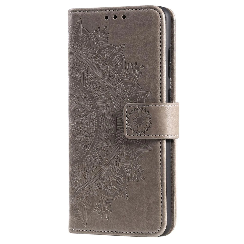 For Samsung Galaxy A23 4G / 5G (Global Version) PU Leather Book Wallet Case Imprinted Mandala Flower Stand Function Full Body Protective Phone Cover with Strap - Grey - 2