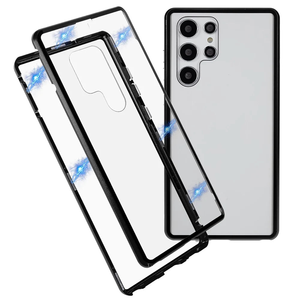 For Samsung Galaxy S22 Ultra 5G Full Protection Phone Case Double-Sided Tempered Glass + Magnetic Metal Frame Case with Lock - Black - 1