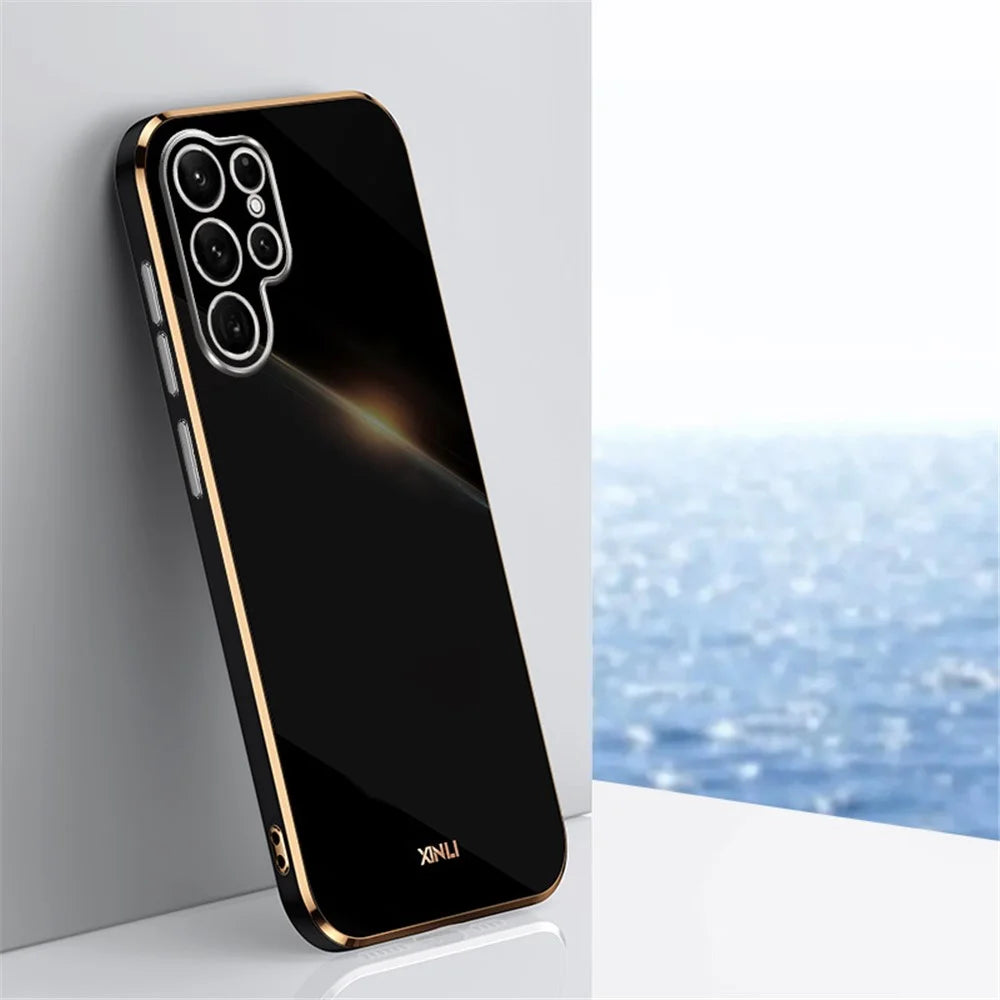 XINLI for Samsung Galaxy S22 Ultra 5G Soft TPU Phone Back Case Precise Lens Cutout Electroplating Golden Edge Protective Cover - Black - 2
