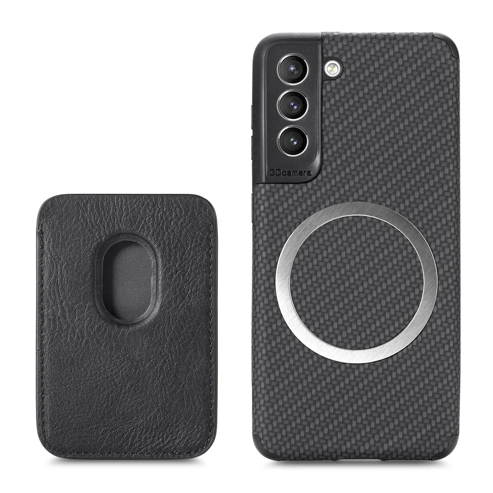 For Samsung Galaxy S21 FE 5G Mobile Phone Bag Case PU Leather Coated TPU + PVC Detachable Card Holder Carbon Fiber Texture Protective Cover - Black - 1