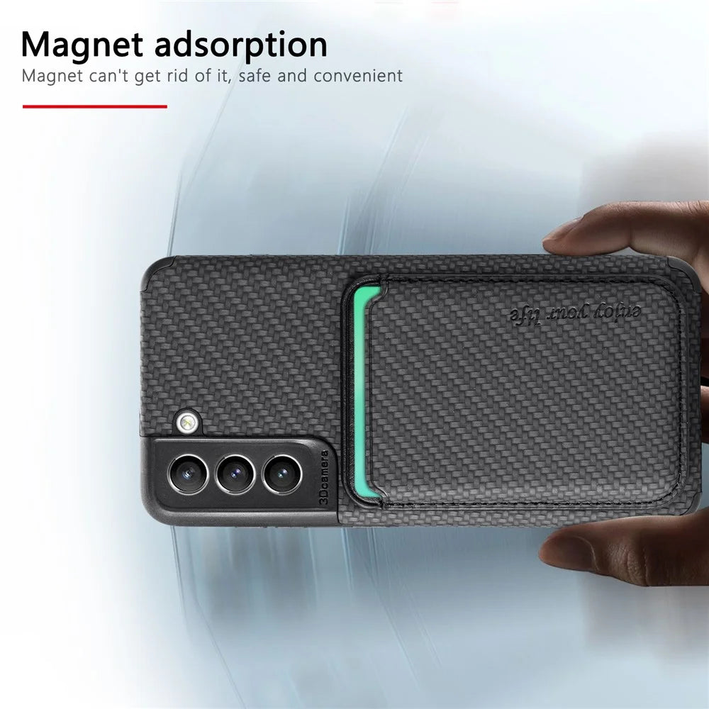 For Samsung Galaxy S21 FE 5G Mobile Phone Bag Case PU Leather Coated TPU + PVC Detachable Card Holder Carbon Fiber Texture Protective Cover - Black - 5
