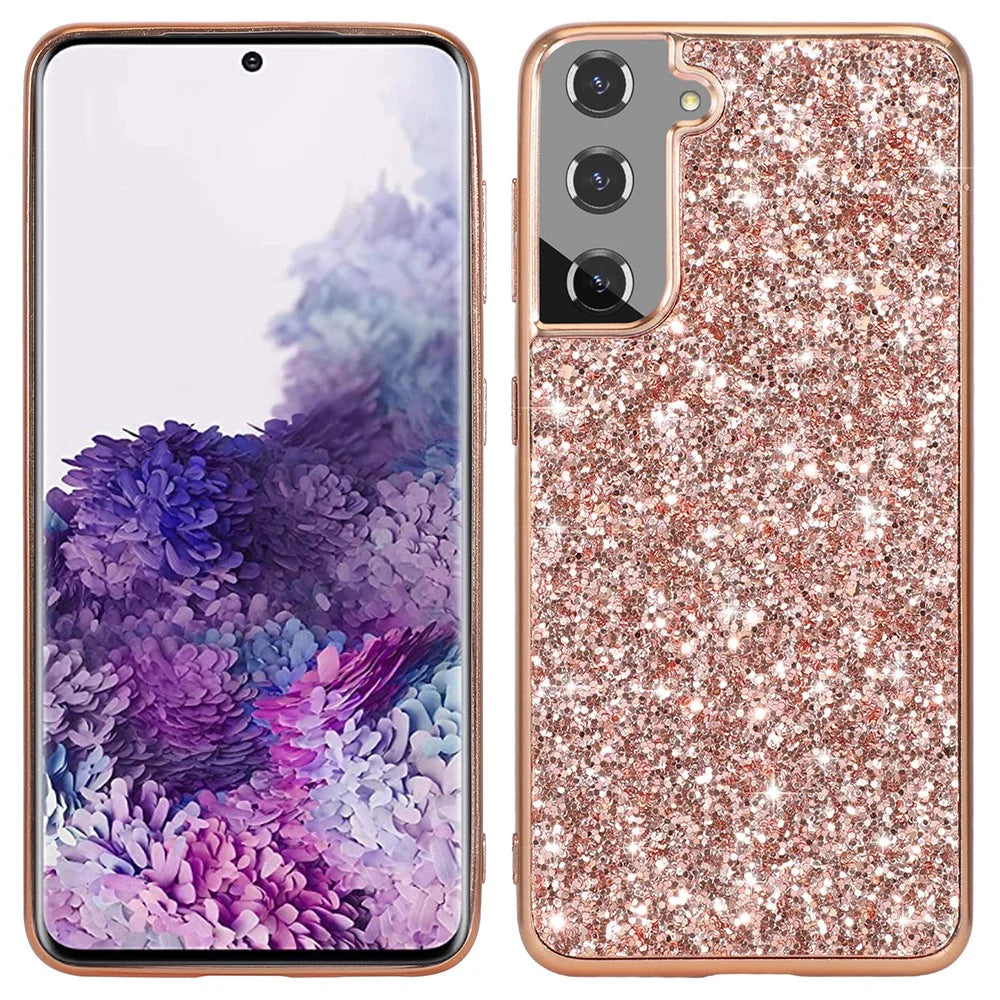 For Samsung Galaxy S21 FE 5G / Galaxy S21 Fan Edition Electroplating TPU Bumper + Hard PC Back Glitter Cover Shockproof Fashion Protective Case - Rose Gold - 1