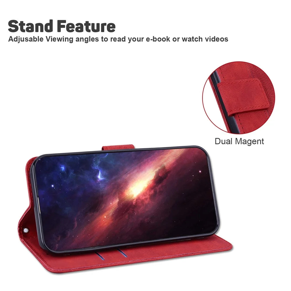 For Samsung Galaxy A13 5G / A04s 4G (164.7mm) Geometry Imprinting PU Leather + TPU Phone Case Wallet Stand Cover with Hand Strap - Red - 5