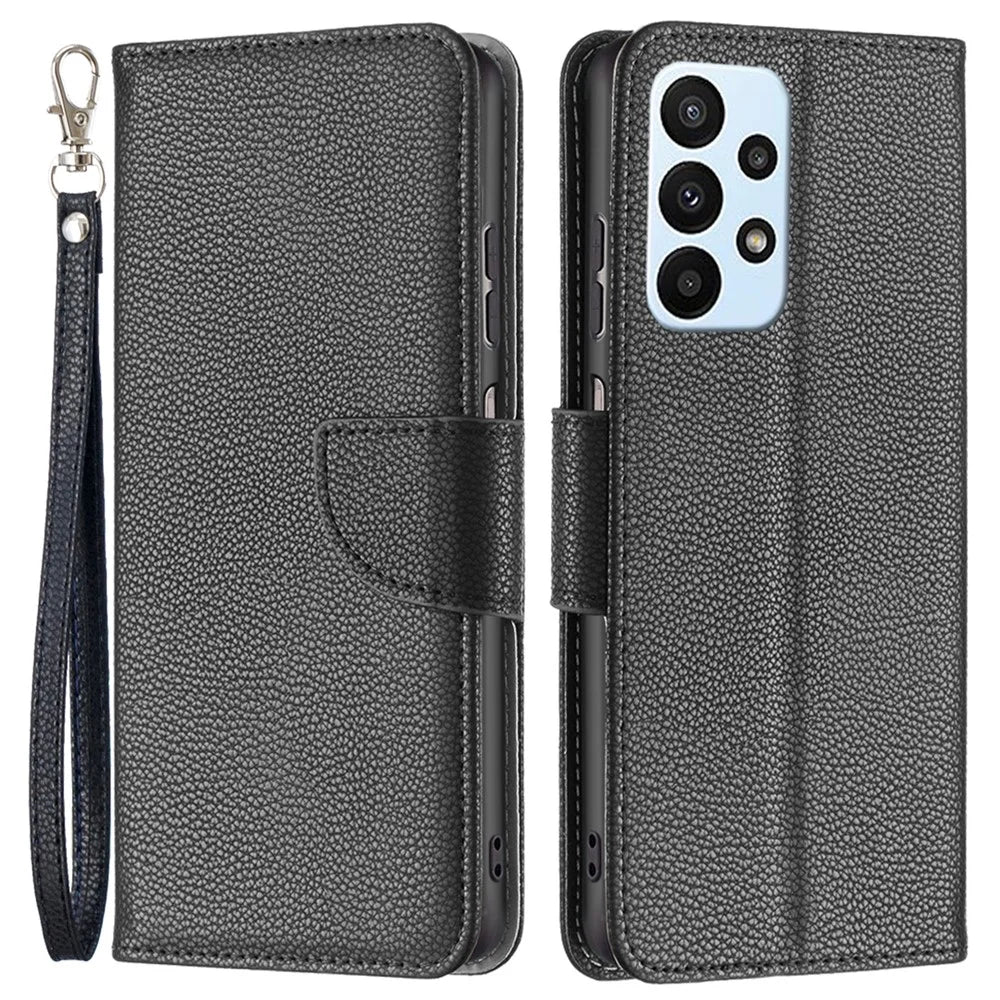 For Samsung Galaxy A23 4G / 5G (Global Version) Litchi Texture Scratch Resistant PU Leather Wallet Case Solid Color Stand Mobile Phone Cover - Black - 1