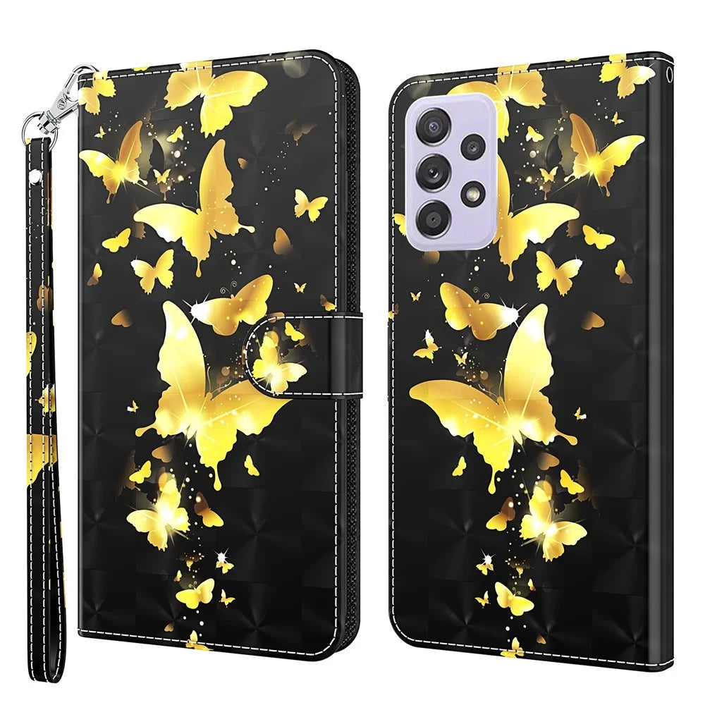 For Samsung Galaxy A23 4G / 5G (Global Version) PU Leather Magnetic Flip Cover 3D Creative Pattern Printing Stand Function Hand Strap Wallet Purse Case - Golden Butterflies - 1