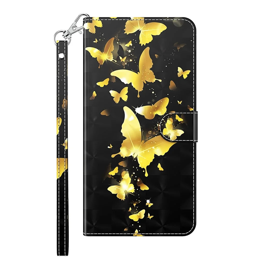 For Samsung Galaxy A23 4G / 5G (Global Version) PU Leather Magnetic Flip Cover 3D Creative Pattern Printing Stand Function Hand Strap Wallet Purse Case - Golden Butterflies - 2