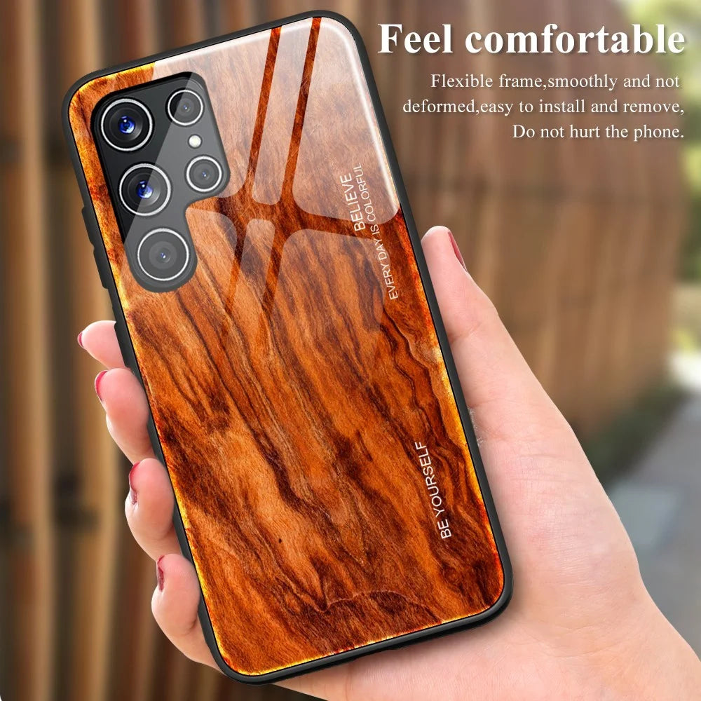 For Samsung Galaxy S22 Ultra 5G Wooden Pattern Tempered Glass Back + TPU Edge Hybrid Phone Cover Case - Orange - 2