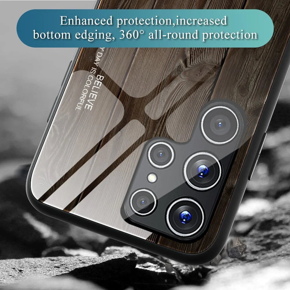 For Samsung Galaxy S22 Ultra 5G Wooden Pattern Tempered Glass Back + TPU Edge Hybrid Phone Cover Case - Orange - 7