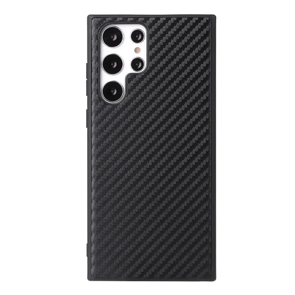 For Samsung Galaxy S22 Ultra 5G Textured Surface Scratch-resistant Cell Phone Case PU Leather Coated Soft TPU + Hard PC Hybrid Shell - Carbon Fiber Texture - 3