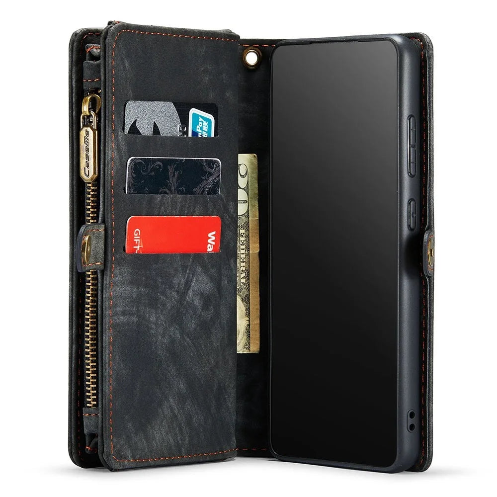 CASEME 008 Series for Samsung Galaxy S22 5G Shockproof PU Leather Detachable 2-in-1 Phone Case Multifunctional Anti-fall Wallet Stand Shell - Black - 5
