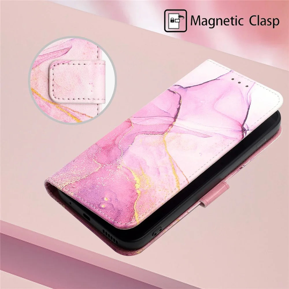 YB Pattern Printing Series-5 for Samsung Galaxy A13 4G Marble Pattern PU Leather Flip Protective Cover Magnetic Closure Wallet Soft TPU Stand Case with Strap - Pink Purple Gold LS001 - 6