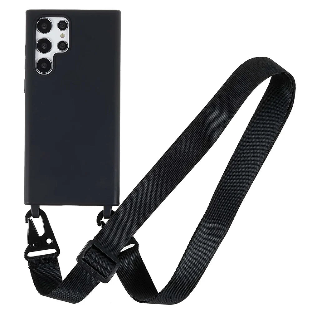 Soft Frosted Surface TPU Phone Cover for Samsung Galaxy S22 Ultra 5G, Anti-Collision Slim Back Case with Wide Strap - Black - 1