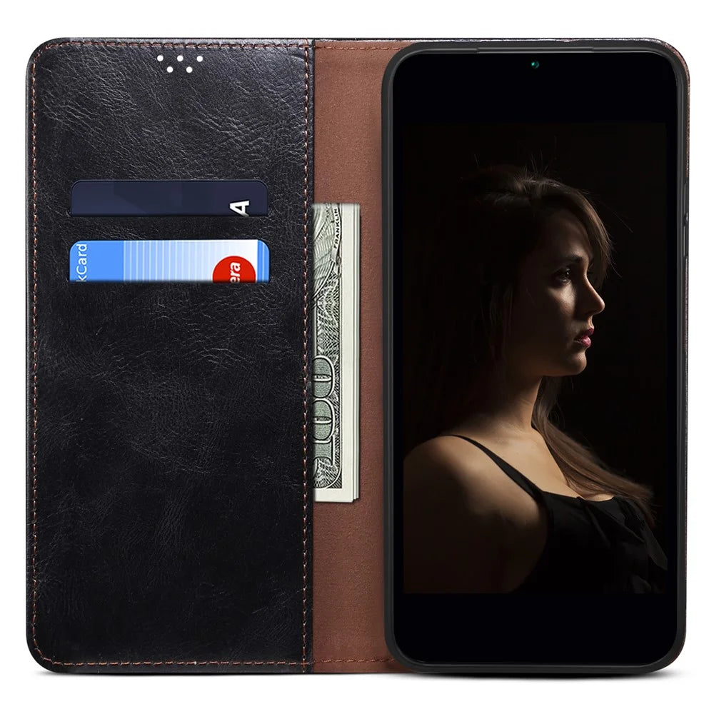 For Samsung Galaxy A23 4G / 5G (Global Version) Waxy Crazy Horse Texture Magnetic Auto-absorbed Leather Case Wallet Style Stand Book Shockproof TPU Inner Shell - Black - 2