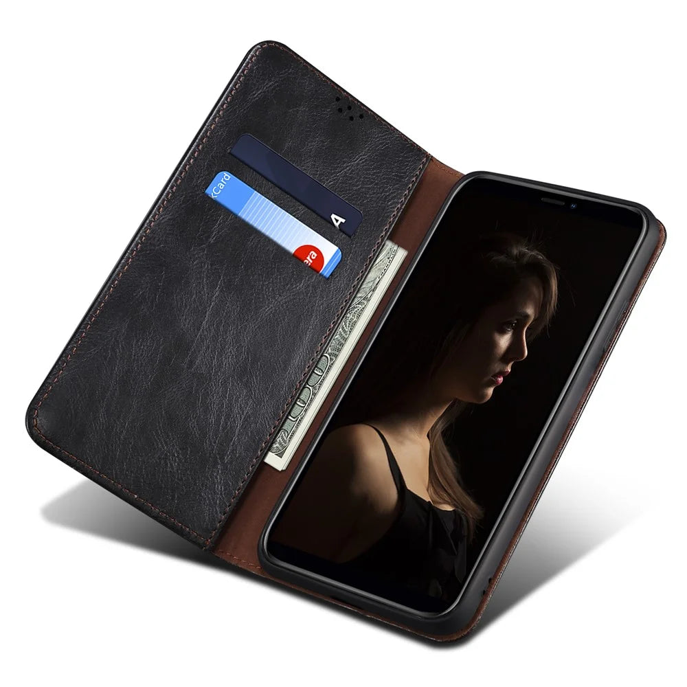 For Samsung Galaxy A23 4G / 5G (Global Version) Waxy Crazy Horse Texture Magnetic Auto-absorbed Leather Case Wallet Style Stand Book Shockproof TPU Inner Shell - Black - 3