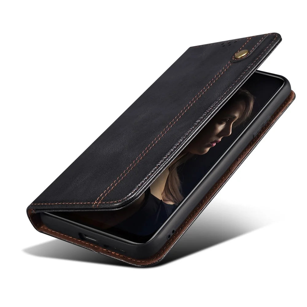 For Samsung Galaxy A23 4G / 5G (Global Version) Waxy Crazy Horse Texture Magnetic Auto-absorbed Leather Case Wallet Style Stand Book Shockproof TPU Inner Shell - Black - 6