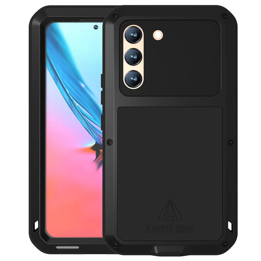 LOVE MEI for Samsung Galaxy S22 5G Silicone + Metal Cover Phone Case with Tempered Glass Film - Black - 1