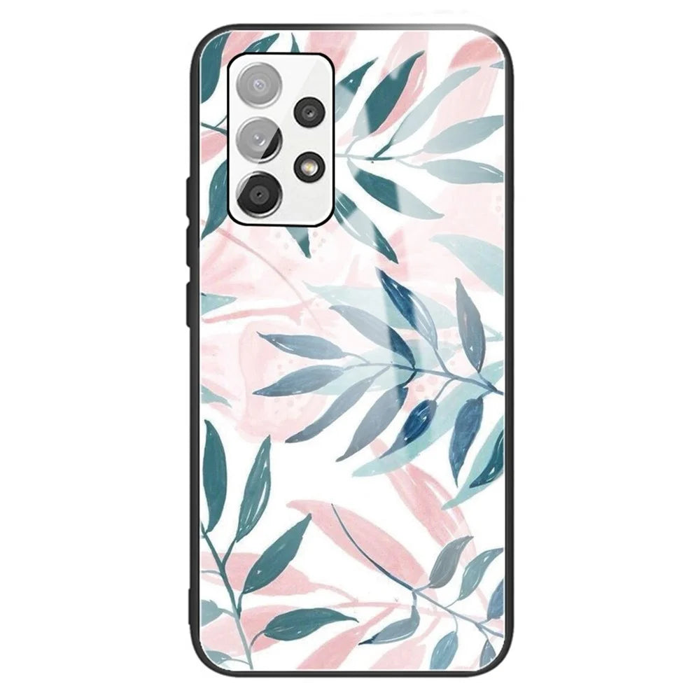 For Samsung Galaxy A13 4G Phone Shell Flexible TPU Frame + Tempered Glass Black Fashionable Pattern Printing Cover - Leaves - 1