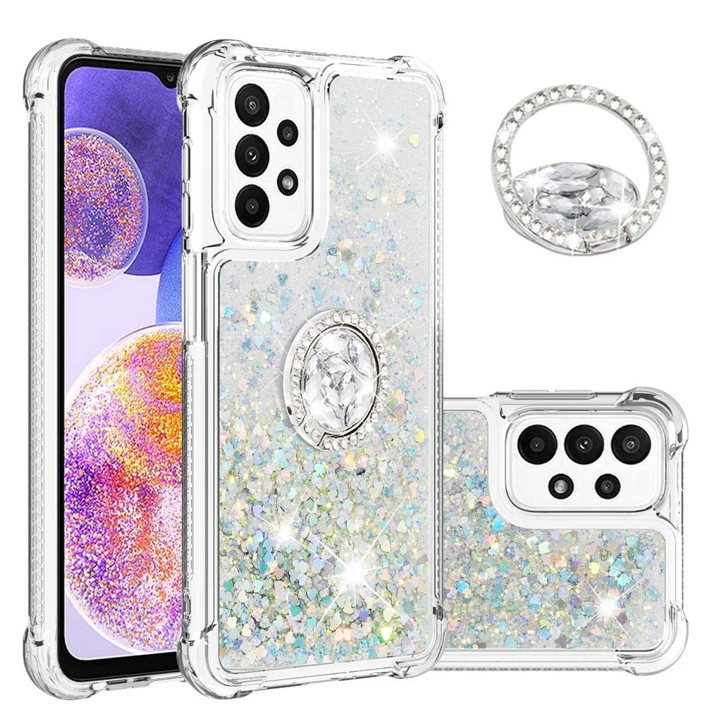 For Samsung Galaxy A23 4G / 5G (Global) TPU Case with Kickstand Quicksand Shockproof Cover - Silver / Hearts - 2
