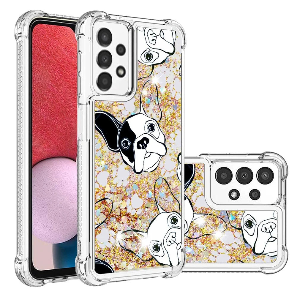 For Samsung Galaxy A13 4G TPU Case with Quicksand and Pattern Printed - Black / White Puppy - 2