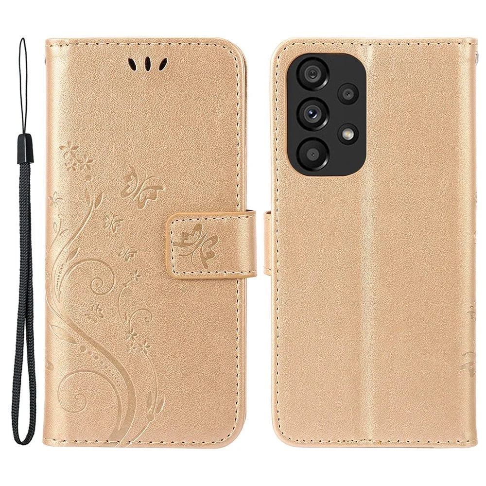 For Samsung Galaxy A33 5G PU Leather Smartphone Case Stylish Imprint Butterflies Wallet Anti-drop Cover - Gold - 1