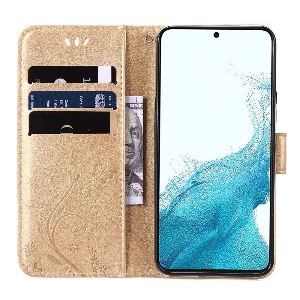 For Samsung Galaxy S22 Ultra 5G Stand Design PU Leather Magnetic Phone Case Imprint Butterflies Wallet Shell with Strap - Gold - 2
