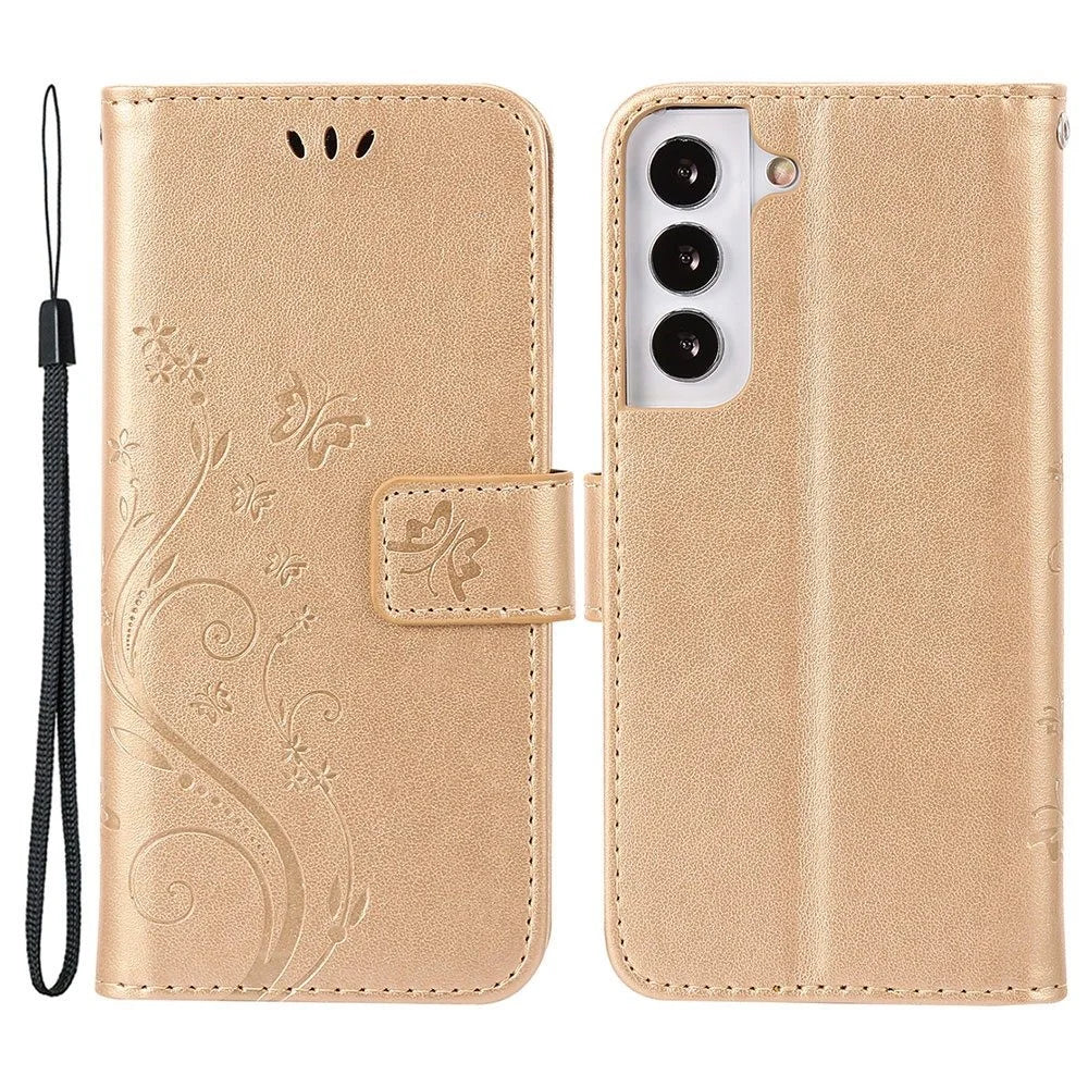 For Samsung Galaxy S22+ 5G Shockproof PU Leather Phone Case Imprint Butterflies Wallet Stand Design Magnetic Shell - Gold - 1