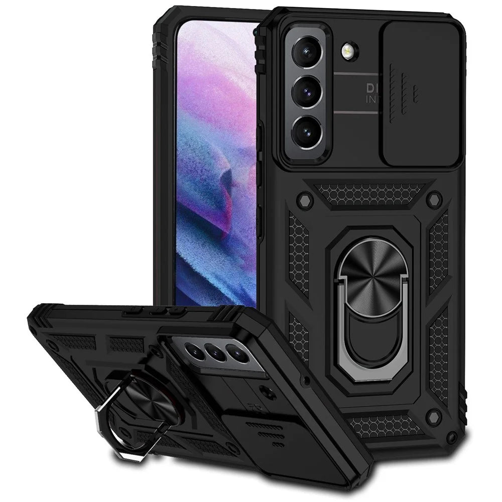 For Samsung Galaxy S22 5G Camera Protection Case TPU + PC Anti-Slip Shockproof Protective Phone Cover with Ring Holder Kickstand - Black - 1