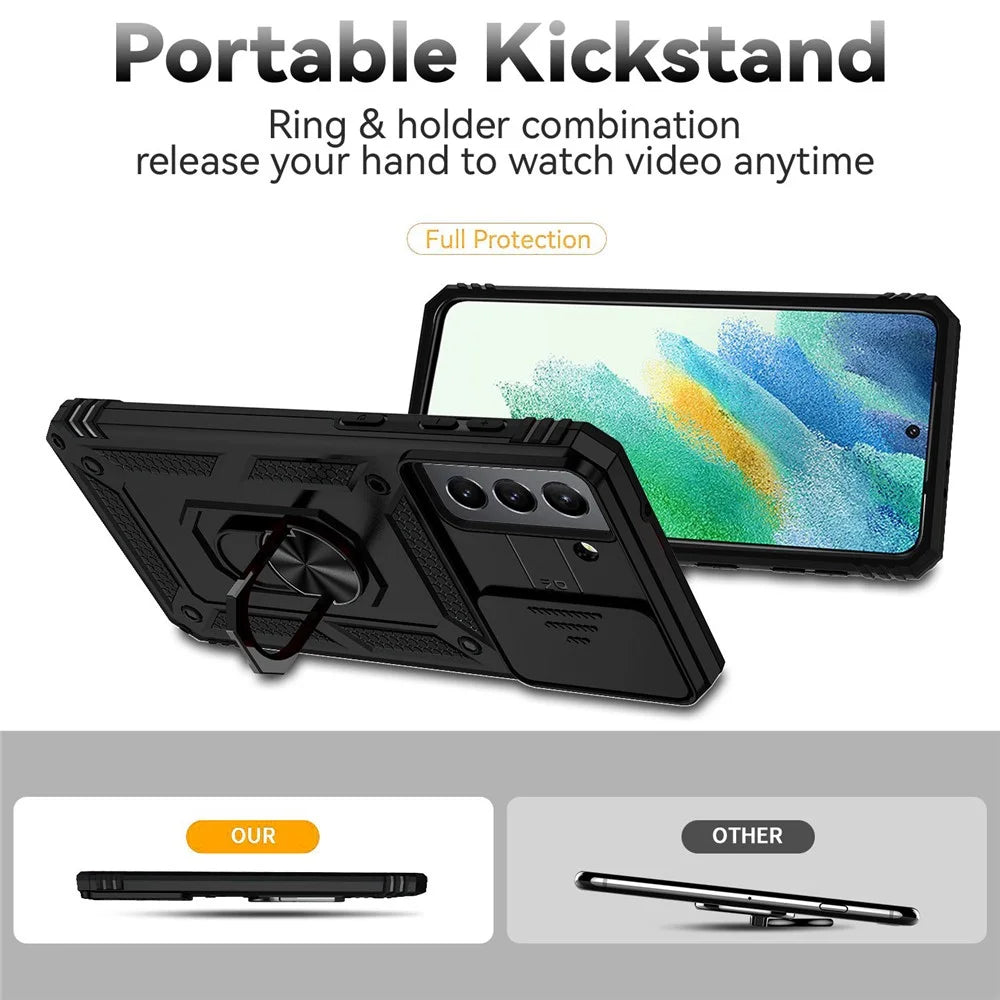 For Samsung Galaxy S21 FE 5G Ring Kickstand PC + TPU Hybrid Cover Slide Camera Protection Phone Case - Black - 2
