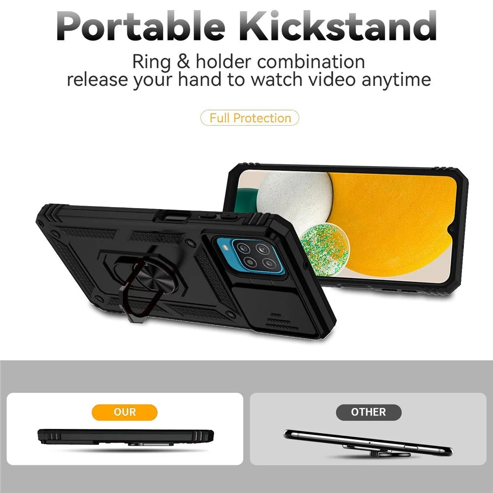 For Samsung Galaxy A12 Case Hard PC + Soft TPU Anti-Scratch Phone Cover with Ring Car Mount Kickstand and Camera Protector - Black - 2