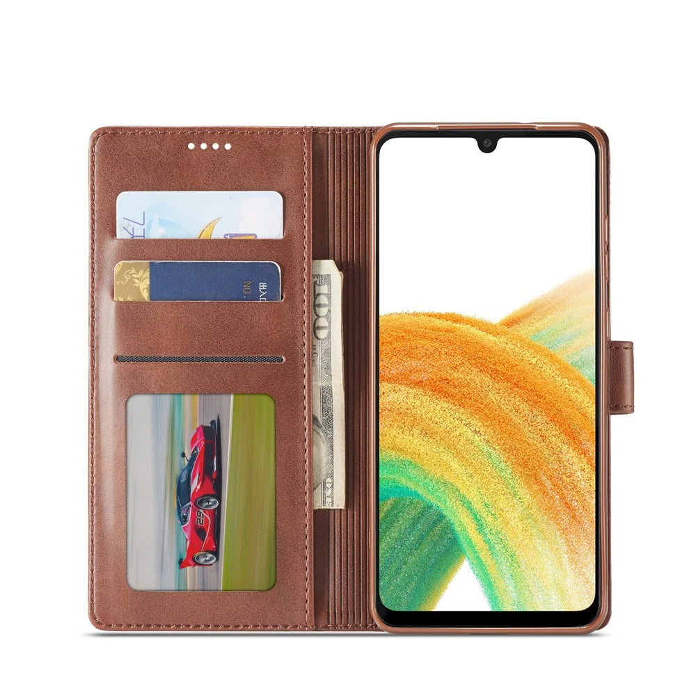 LC.IMEEKE Textured Leather Wallet Case for Samsung Galaxy A33 5G, Stand Function Magnetic Closure Shockproof Flip Folio Cover - Coffee - 2