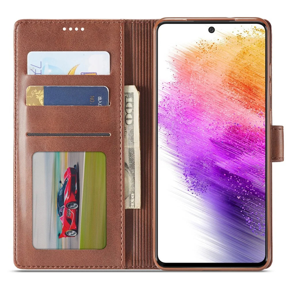 LC.IMEEKE for Samsung Galaxy A73 5G Textured PU Leather Wallet Flip Cover Magnetic Closure Stand Folio Phone Case - Coffee - 2