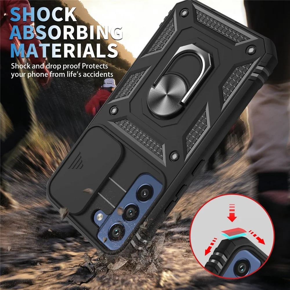 For Samsung Galaxy S22 5G Case Ring Kickstand Anti-Scratch Hard PC + TPU Bumper Shockproof Protective Cover with Sliding Camera Lens Protector  - Black/Black - 3