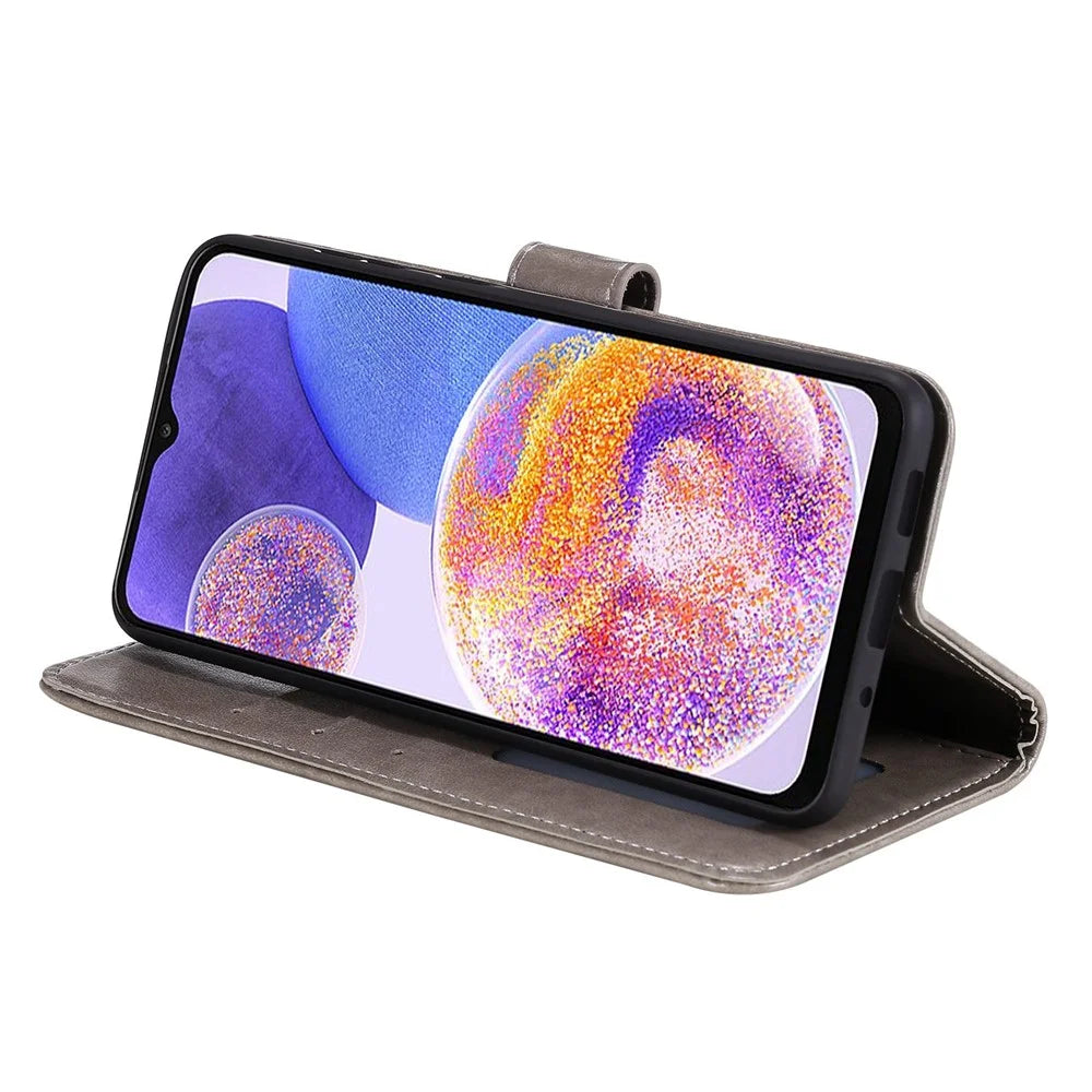 For Samsung Galaxy F23 PU Leather Shockproof Phone Flip Cover, Wallet Stand Design Imprinted Mandala Flower Phone Case - Grey - 3